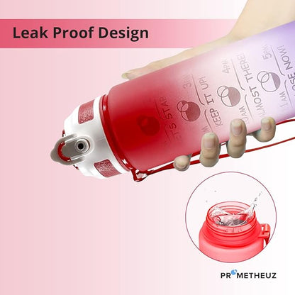 PROMETHEUZ Sports Water Intake Reminder Bottle with Time Marker and Straw, Leakproof Tritan BPA-Free, Fast Flow,Dark Pink Dark Purple, 32 oz