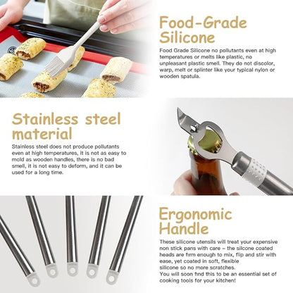 Kitchen Utensil Set-Silicone Cooking Utensils-33 Kitchen Gadgets & Spoons for Nonstick Cookware-Silicone and Stainless Steel Spatula Set-Best Kitchen Tools, Useful Pots (Cream White)