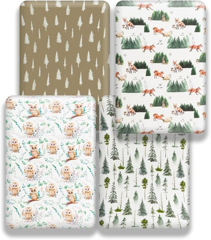 4 Pack N Play Sheets Woodland Forest Animals Wood Neutral Unisex Fitted Baby N Play Sheets Fitted for Standard Pack and Plays and Mini Cribs Set for Baby Boys or Girls (Paint Fox)