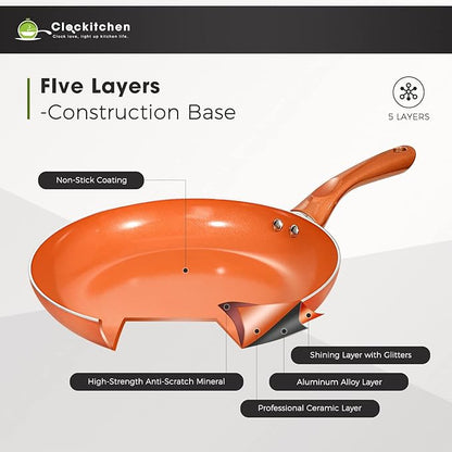 Clockitchen Non Stick Pots and Pan Set, 10pcs Cookware Set with Ceramic Coating, Non-toxic Pan Set Compatible with All Stoves, Dishwasher Safe, Copper