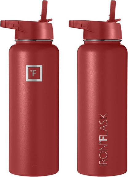 IRON °FLASK Sports Water Bottle - 40 Oz 3 Lids (Straw Lid), Leak Proof - Stainless Steel Gym & Sport Bottles for Men, Women & Kids - Double Walled, Insulated Thermos, Metal Canteen, Rusty Red