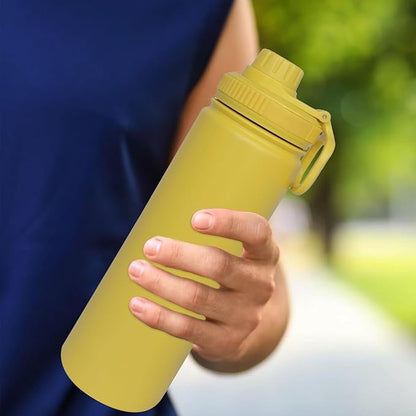 22oz Insulated Water Bottle ，Stainless Steel Sports Water Cup Flask with 2 Lids, Wide Mouth Travel Thermal Mug,Outdoor Sports Bottle（Mango yellow）
