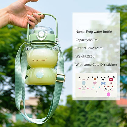 Cute Frog Water Bottle Portable Large Clear Sports Water Bottles with Straw and Strap 29oz for Girls,Women