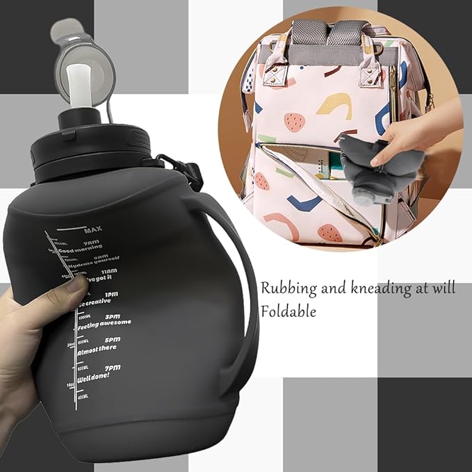 64oz Foldable Silicone Water Cups with Straw, BPA Free, for Outdoor Sports Water Bottle (Black)