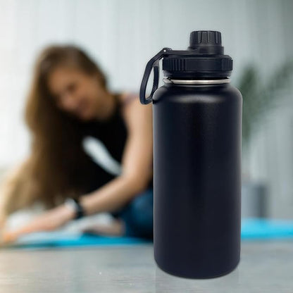 4pack 32 oz Insulated Water Bottle With Straw, Stainless Steel Sports Water Cup Flask with 2 Lids, Wide Mouth Travel Thermal Mug,Black