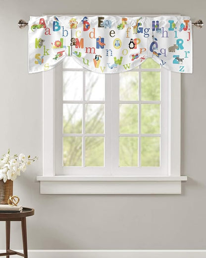 Cute Animals Alphabet for Kids Blackout Tie Up Valance Curtains for Kitchen Windows Colorful Printed Window Toppers Balloon Shades for Living Room/Bathroom/Bedroom,1 Panel,60" X 18"