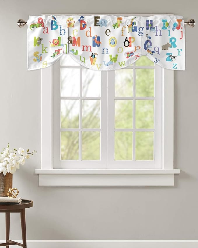 Cute Animals Alphabet for Kids Blackout Tie Up Valance Curtains for Kitchen Windows Colorful Printed Window Toppers Balloon Shades for Living Room/Bathroom/Bedroom,1 Panel,54" X 18"