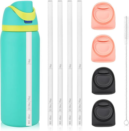 4pcs Replacement Plug Stopper for Owala FreeSip 19/24/25/32/40oz (2 Pink + 2 Gray), with 1 Brush & 4pcs White Straw with Scale for Owala Free Sip Water Bottle Mouth Top Cap Lid Gasket Seal Accessories