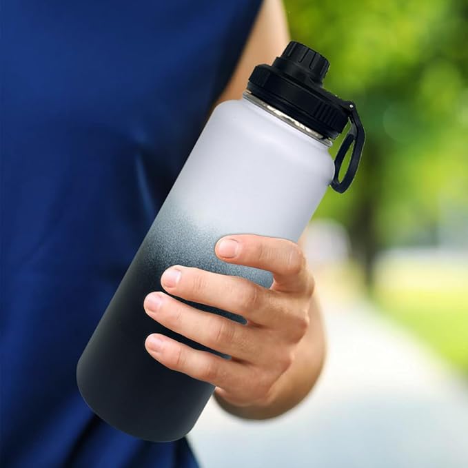 4pack 40 oz Insulated Water Bottle With Straw, Stainless Steel Sports Water Cup Flask with 2 Lids, Wide Mouth Travel Thermal Mug,Black white