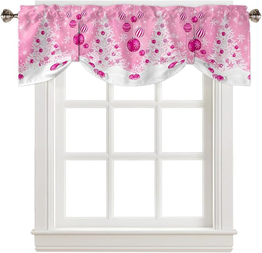 Pink Christmas Blackout Tie Up Valance Curtains for Kitchen Windows White Xmas Tree Snowflakes Pink Balls Window Toppers Balloon Shades for Living Room/Bathroom/Bedroom,1 Panel, 60" X 18", Winter
