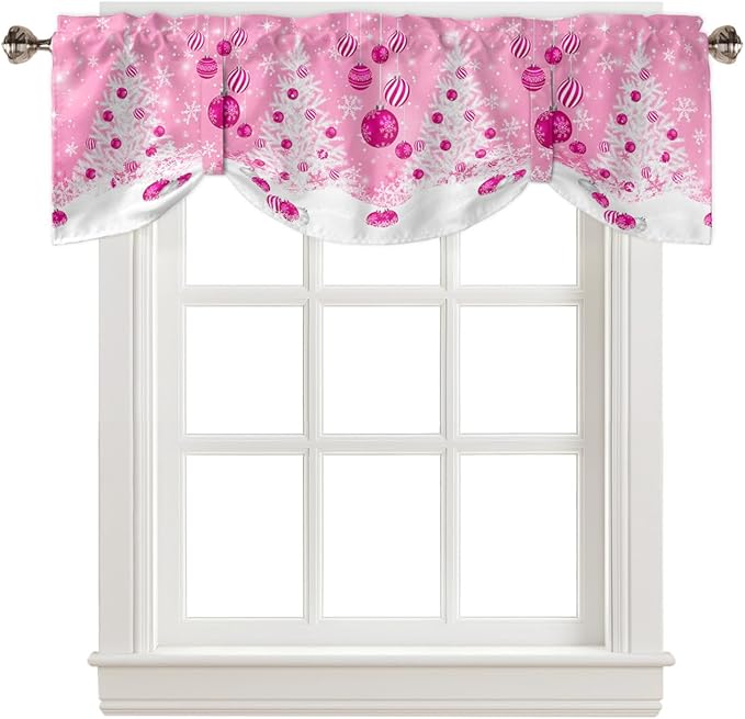 Pink Christmas Blackout Tie Up Valance Curtains for Kitchen Windows White Xmas Tree Snowflakes Pink Balls Window Toppers Balloon Shades for Living Room/Bathroom/Bedroom,1 Panel, 42" X 12", Winter