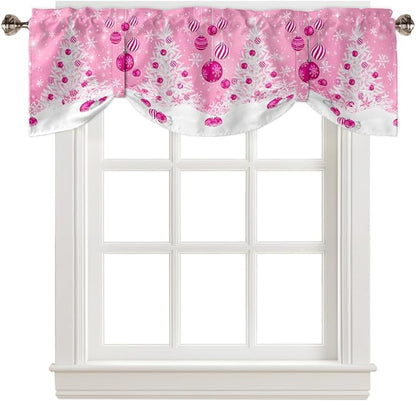 Pink Christmas Blackout Tie Up Valance Curtains for Kitchen Windows White Xmas Tree Snowflakes Pink Balls Window Toppers Balloon Shades for Living Room/Bathroom/Bedroom,1 Panel, 42" X 12", Winter