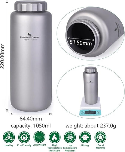 iBasingo 1050ml Titanium Bottle 600ml Nesting Cup Outdoor Camping Single Layer Wide Mouth Cookware Lightweight Portable Bottle Mug Hiking Picnic Solo Cooking Mess Kit