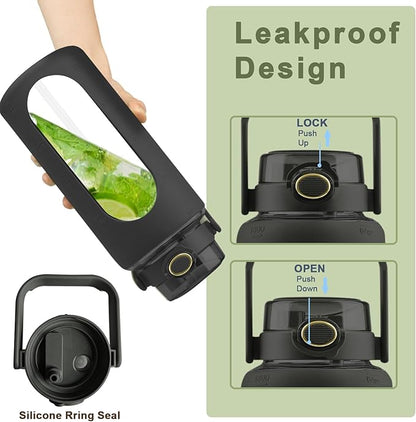 64 Oz Glass Water Bottle with Straw and Lid, Sports Motivational Water Bottle, Leakproof Water Jug Fitness with Silicone Sleeve for Gym, Black