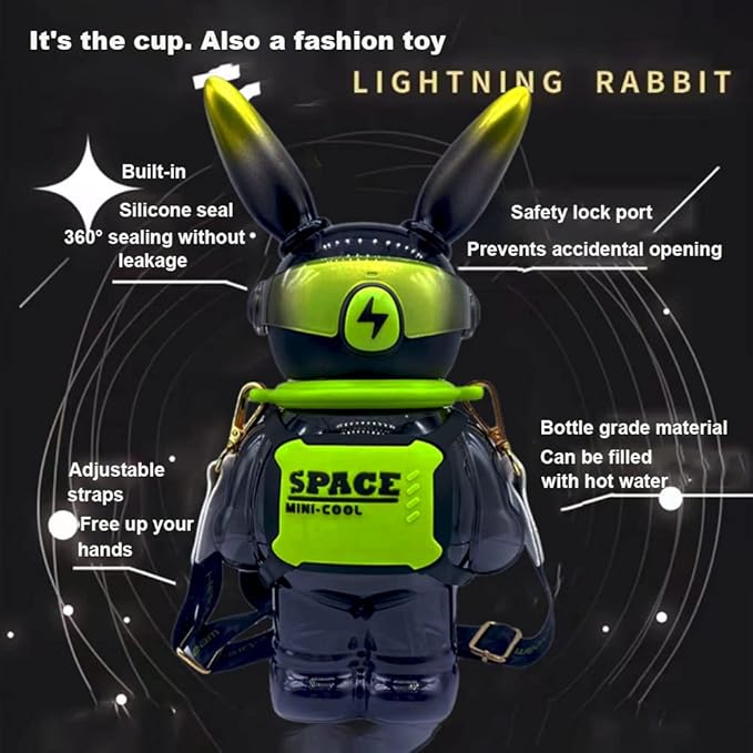 37 Oz Rabbit Water Bottle With Straw, Cool Lightning Space Rabbits Cup, Portable Outdoor Water Bottle, Suitable For Adults And Children Fitness Sports(Black)