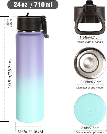 Volhoply 24 Ounce Insulated Water Bottle With Straw Lid,Stainless Steel Wide Mouth Sport Bottles With Handle,Double Wall Vacuum Thermos keep Cold,Reusable Travel Thermal Cups For Holder(Purple Blue,1)