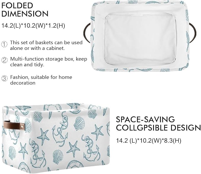 Coastal Anchor Nautical Theme Storage Basket Fabric Laundry Baskets Starfish Summer Beach Storage Boxes Organizer Bag for Baby Cloth Dog Toy Book Storage Cubes Shelf Closet Bins 16x12x8 Inches