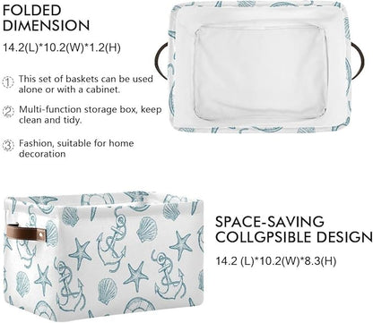 Coastal Anchor Nautical Theme Storage Basket Fabric Laundry Baskets Starfish Summer Beach Storage Boxes Organizer Bag for Baby Cloth Dog Toy Book Storage Cubes Shelf Closet Bins 16x12x8 Inches