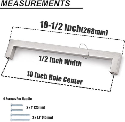 Probrico 10 Pack Kitchen Cabinet Drawer Handles Stainless Steel 10" Holes Distance Brushed Nickel Pulls 10.5" Total Length 10 Pack