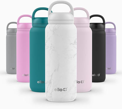 Ello Cooper Twist 32oz Stainless Steel Water Bottle with Chug Lid | Leak Proof | Double Walled and Vacuum Insulated | Built in Carry Loop | Dishwasher Safe | White Marble