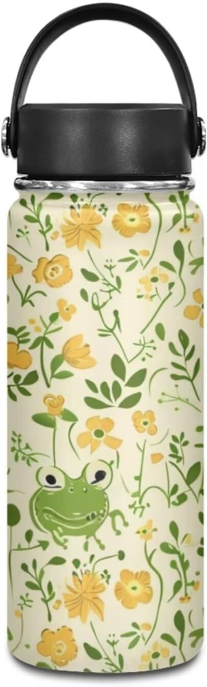 Cute Frog Insulated Water Bottle with Handle 20Oz Stainless Steel Double-Walled Thermos For Cold Drinks For Hot Beverages Vacuum Insulated Reusable Bottle