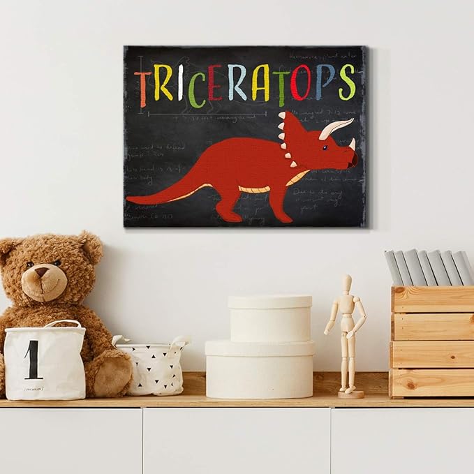 Renditions Gallery Canvas Animal Wall Art Modern Decorations Paintings Colorful Playful Triceratops Vibrant Dinosaur Canvas Wall Hanging Artwork for Kids Bedroom Nursery - 12"x18" LT33