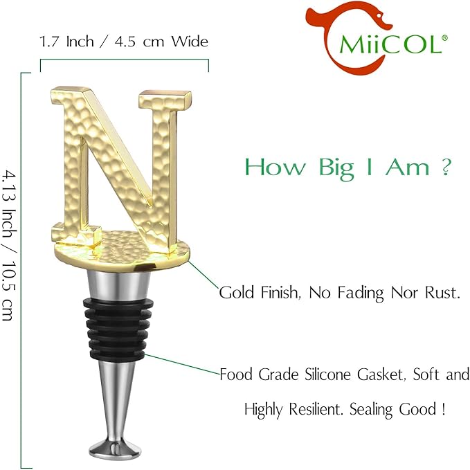 Miicol Wine Bottle Stopper, Prosecco Stopper, Gold Wine Stopper, Personalised Champagne Stopper, Initial Wine Stopper, Funny Prosecco Gift, Wine Lovers Gift, Kitchen Decor, Letter N