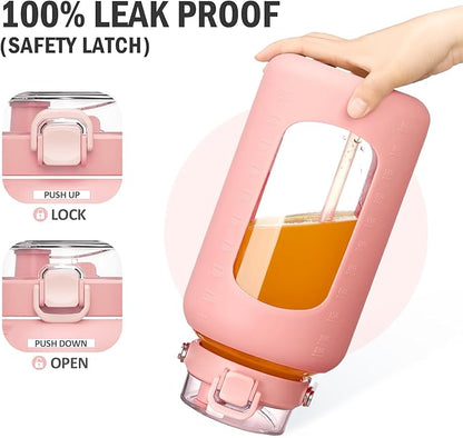 84oz Glass Water Bottle with Stainless Steel Handle,2.5L Gallon Water Bottle With 2-IN-1 Straw Lid, Silicone Sleeve and Motivational Capacity Marker, Wide Mouth Water Jug For Gym, Workout, Pink