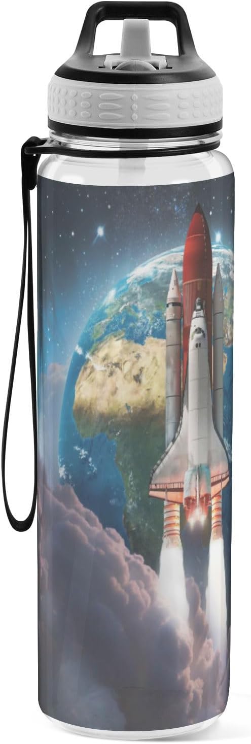 Airplane Galaxy Water Bottle with Straw Sky Sports Bottles BPA-Free Tritan Water Jug with Carrying Strap for Women Men Gym