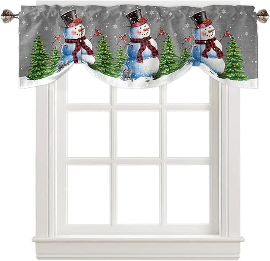 Christmas Snowman Blackout Tie Up Valance Curtains for Kitchen Windows Winter Holidays Cardinal White Snowflake Window Toppers Balloon Shades for Living Room/Bathroom/Bedroom,1 Panel,60" X 18" Gray
