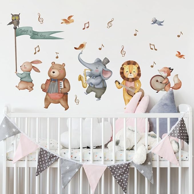 Watercolor Baby Animals Wall Decals Stickers, African Jungle Rabbit Bear Elephant Lion Fox Bird Owl Kids Room Nursery Decor, Baby Nursery Kids Bedroom Living Room Wall Decor
