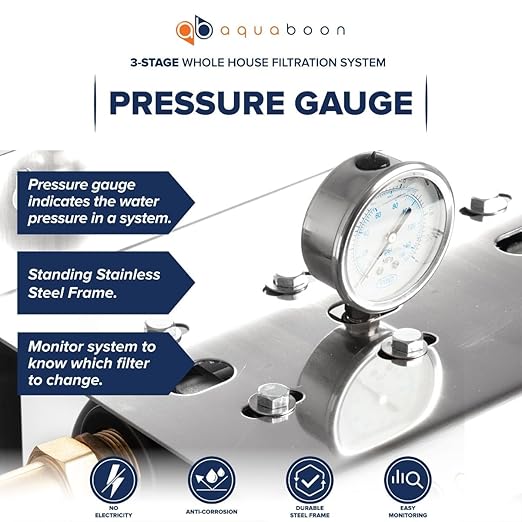 Aquaboon 3 Stage Whole House Water Filter System - w/Premium Polyphosphate & KDF Filters & CTO 5 Micron Water Filter 20" x 4.5" - w/Wrench, Steal Bracket & Pressure Gauges & Release Buttons (1" Port)