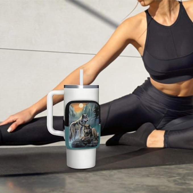 Wolf Stanley Cup Pouch with Adjustable Strap Water Bottle Storage Bag 20oz-40oz IceFlow Tumbler Pouch for Stanley Accessories