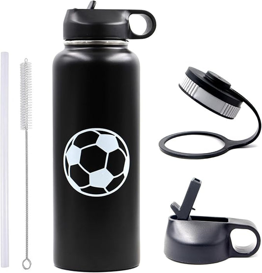 40 oz Soccer Water Bottle, Wide Mouth Travel Sports Flask with 2 Lids（Straw Lid+Flex Cap）BPA Free 18/8 Stainless Steel Double Wall Vacuum Insulated Water Bottles (40oz, Soccer)