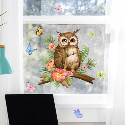 Owl On A Branch Wall Decal Butterfly Flower Wall Stickers Peel and Stick Living Room Bedroom Bathroom Kitchen Nursery Window Glass Decorative Art Murals 11.8in*11.8in
