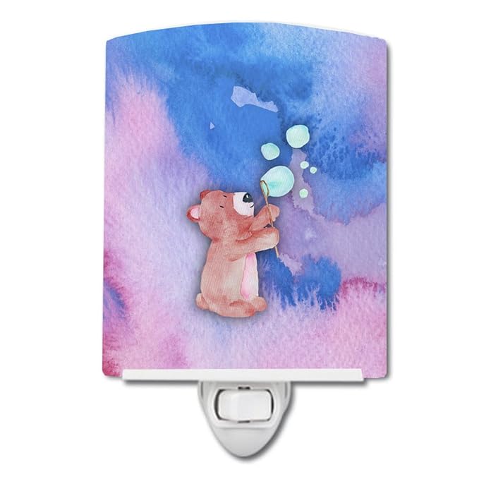 Caroline's Treasures BB7347CNL Bear and Bubbles Watercolor Ceramic Night Light Compact, UL-Certified, Ideal for Bedroom, Bathroom, Nursery, Hallway, Kitchen, 6x4x3, Multicolor