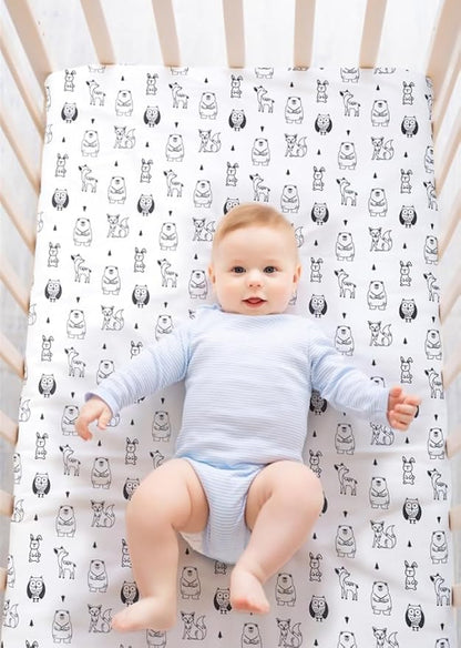 4 Pack Woodland Forest Animals Wood Neutral Unisex Fitted Baby Crib Sheets Set for Baby Boys or Girls Cartoon