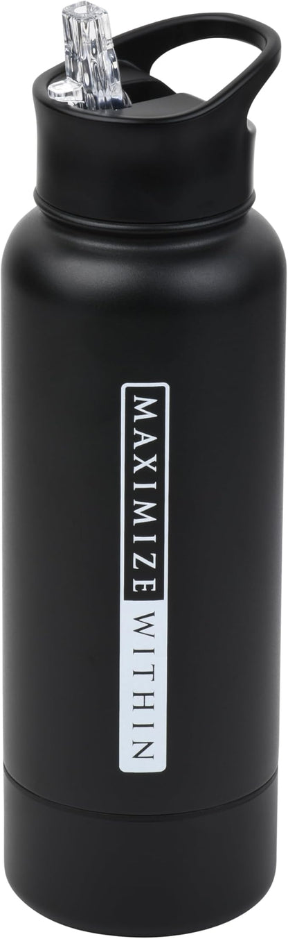 Double Wall Stainless Steel Water bottle with Dual lids (Straw & Spout) Hidden Compartment, Vacuum Insulated, Reusable. Black. 32 oz