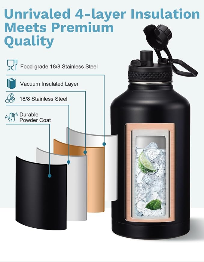 64 oz Water Bottle Insulated - Keep Cold 48H & Hot 24H, Half Gallon Water Jug with Paracord Handle, Straw Spout Lids, Stainless Steel Flask Canteen, Large Water Bottle for Women Men Work Sport