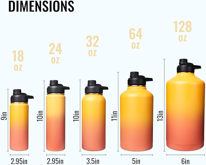 Half Gallon Water Bottle with Straw&Spout Lid, 64oz Stainless Steel Insulated Water Jug with Handle and Wide Mouth, Half Gallon Vacuum Double Walled Jug for Sports, Outdoors, Yellow&Orange 64oz