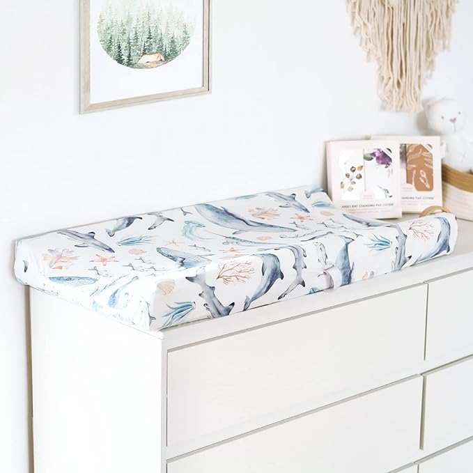 GRSSDER Stretch Ultra Soft Jersey Knit Changing Pad Cover Set 2 Pack,Change Table Pad Covers Fit 32"/34" x 16" Pads Safe and Snug,Stylish Cute Whale Sea Worl for Baby