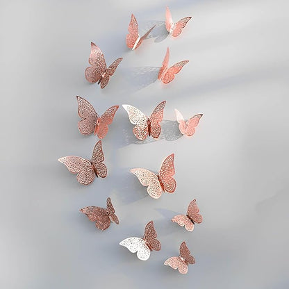 72Pcs 3D Butterfly Wall Decor 3 Sizes 3 Styles, Removable Butterfly Stickers Wall Decals, Butterfly Decorations Party Birthday Cake Decoration for Kids Nursery Wedding Bedroom Room(Rose Gold)