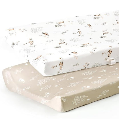 GRSSDER Stretch Ultra Soft Jersey Knit Changing Pad Cover Set 2 Pack, Change Table Pad Covers Fit 32"/34" x 16" Pads Safe and Snug, Pretty Pattern for Boys and Girls, Stylish Watercolor Rabbit Pattern