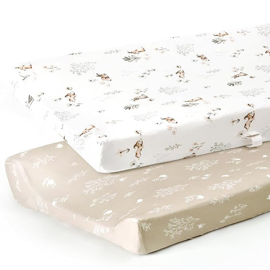 GRSSDER Stretch Ultra Soft Jersey Knit Changing Pad Cover Set 2 Pack, Change Table Pad Covers Fit 32"/34" x 16" Pads Safe and Snug, Pretty Pattern for Boys and Girls, Stylish Watercolor Rabbit Pattern