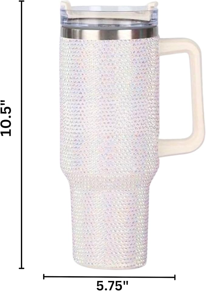 Lashicorn White Rhinestone 40 oz. Tumbler with Handle and Straw Lid Bling Tall Jewel Cup Gift Light Insulated Iridescent