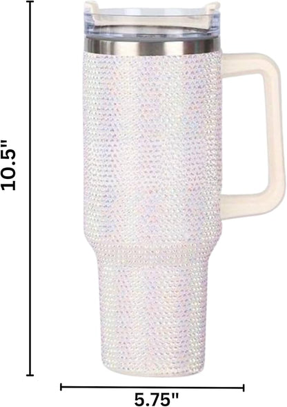 Lashicorn White Rhinestone 40 oz. Tumbler with Handle and Straw Lid Bling Tall Jewel Cup Gift Light Insulated Iridescent