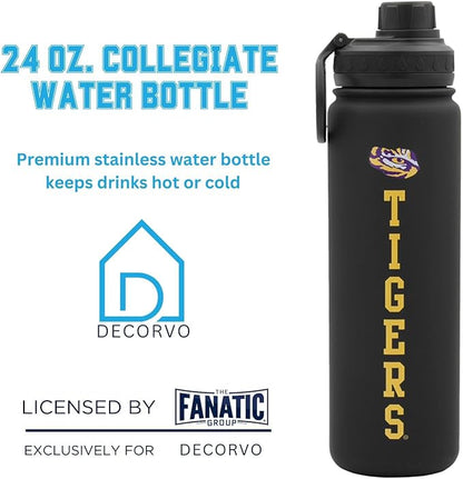LSU Water Bottle - Black Double Walled Stainless Steel 24 oz Keeps Drinks Cold or Hot