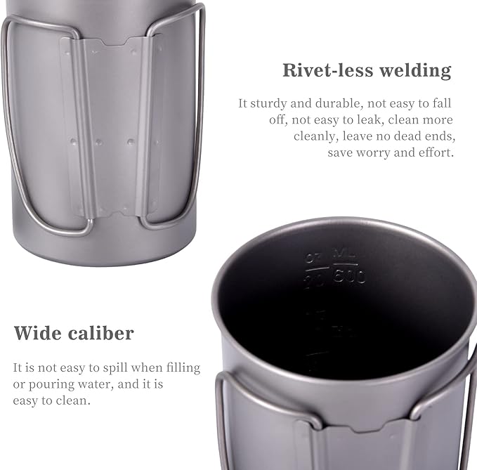 iBasingo 1050ml Titanium Bottle 600ml Nesting Cup Outdoor Camping Single Layer Wide Mouth Cookware Lightweight Portable Bottle Mug Hiking Picnic Solo Cooking Mess Kit