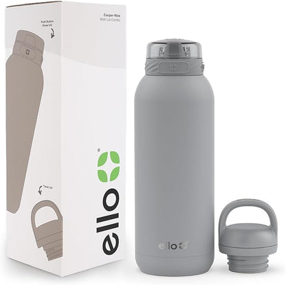 Ello Cooper 40oz Stainless Steel Water Bottle with 2 Lids Chug and Straw | Leak Proof | Double Walled and Vacuum Insulated | Built in Carry Loop | Dishwasher Safe | Gray