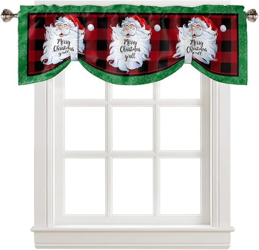Merry Christmas Y'all Blackout Tie Up Valance Curtains for Kitchen Windows XMAS Santa Claus Window Toppers Balloon Shades for Living Room/Bathroom/Bedroom,1 Panel,42" X 18" Red Buffalo Plaid